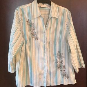 Alfred Dunner Striped Blouse - Blue, White, Brown